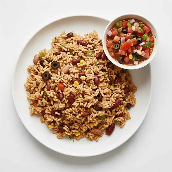 Trio bean mexican rice with fresh olive tomato salsa